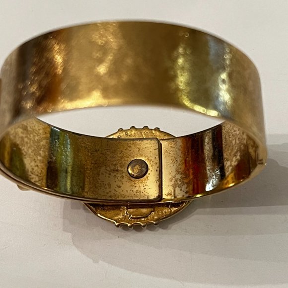 Estate Brass Cuff Hinged Bangle with Big Bold Green Goldstone — Excellent Used - Picture 13 of 13